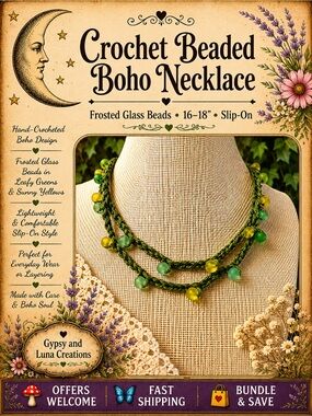 Handmade Crochet Necklace Frosted Green Yellow Glass Beads Boho 16–18”